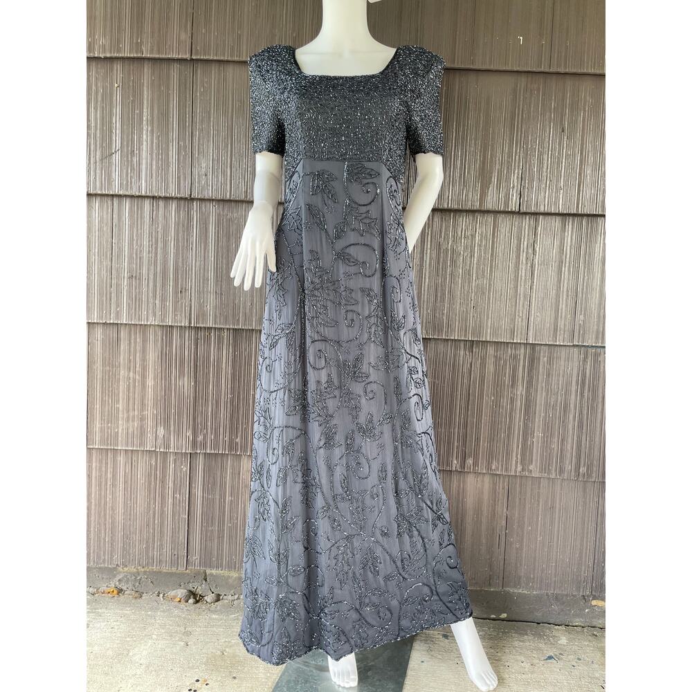 🔥Vintage SCALA Silk Glam Beaded Evening Cocktail Formal Maxi Dress Art Deco Sz S